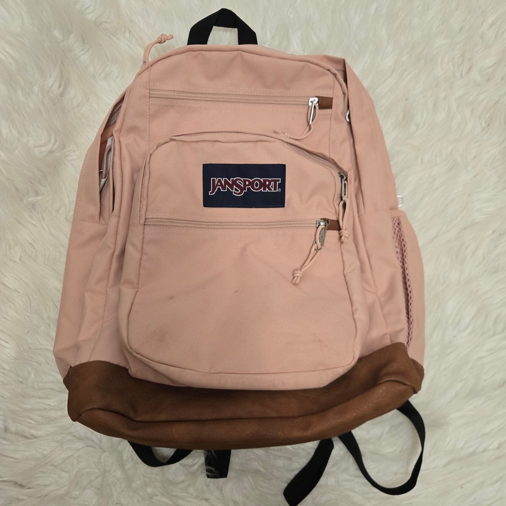 JanSport Cool Student Backpack Pink Brown Faux Leather Bottom Laptop Sleeve